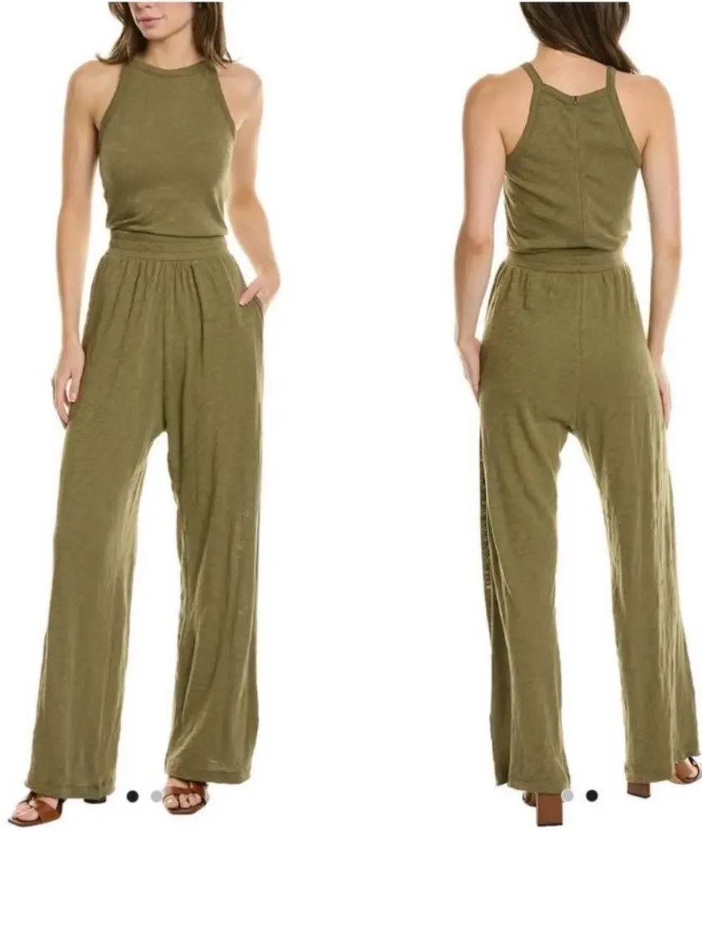 ATM Slub Wide Leg Racerback Cotton Jumpsuit Olive Green w/ Pockets Size Medium